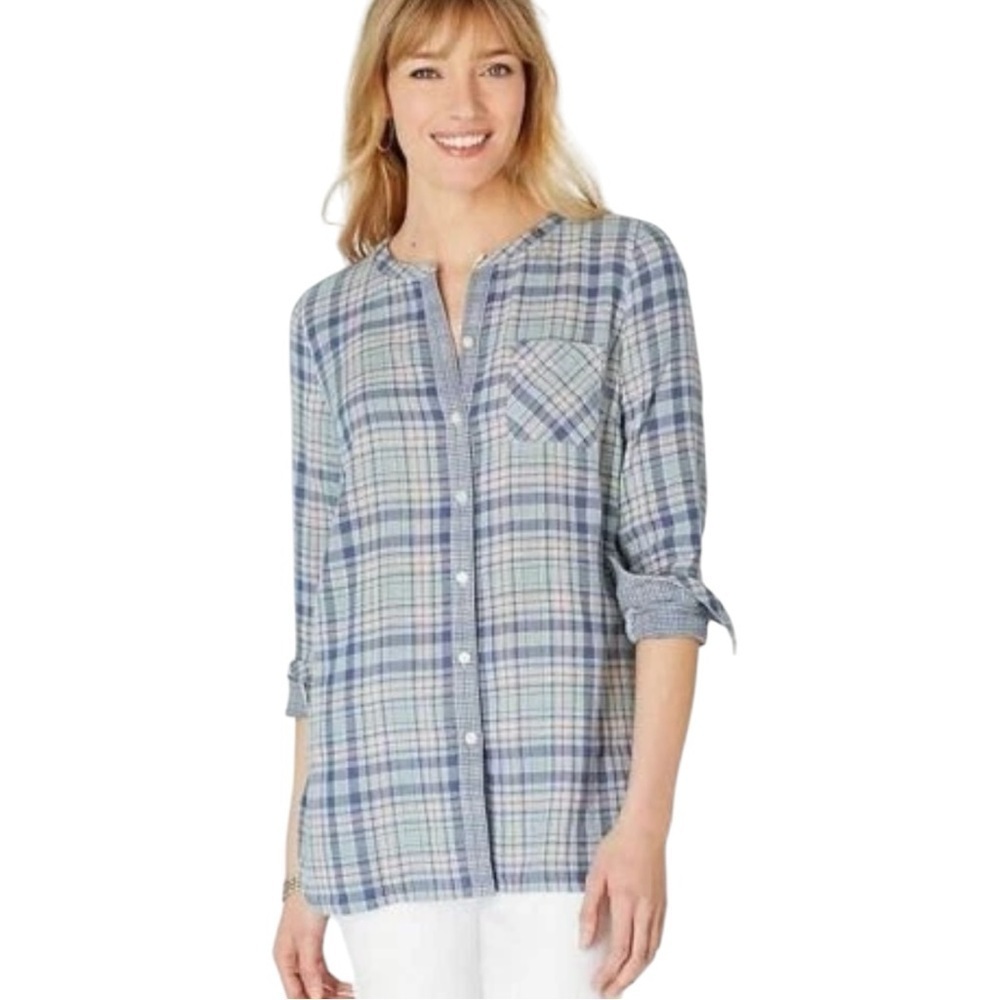 J.Jill 100% Cotton Gauzy Plaid Button Down Shirt Seaport Blue Size Medium